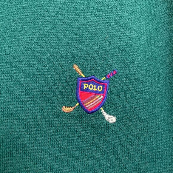 POLO Ralph Lauren Pure Cashmere Sweater Dark Green Golf Shield Logo VTG Mens XL - Picture 3 of 6